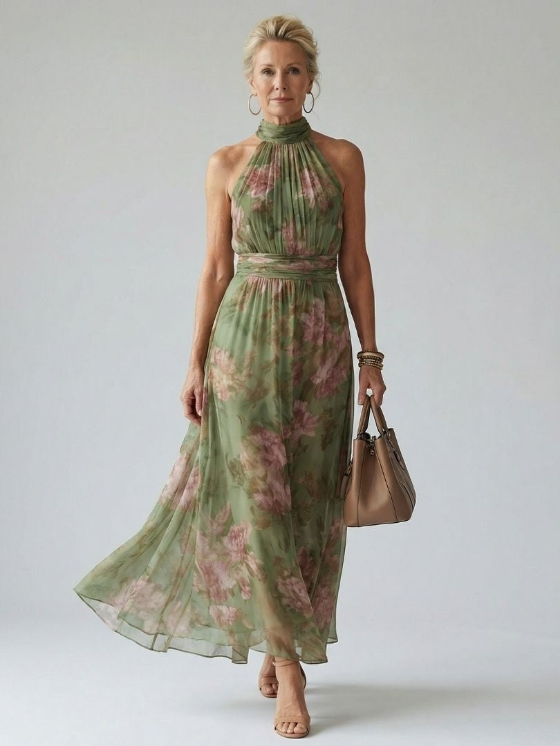 Beatriz | Vestido Midi Halter Estampado Floral Mujer Fruncido Elegante