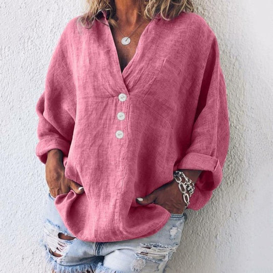 Amparo | Blusa de Lino con Botones Cuello V Mujer Oversized
