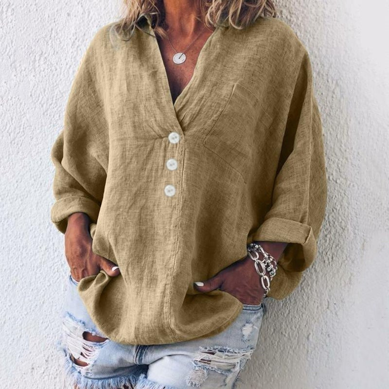 Amparo | Blusa de Lino con Botones Cuello V Mujer Oversized
