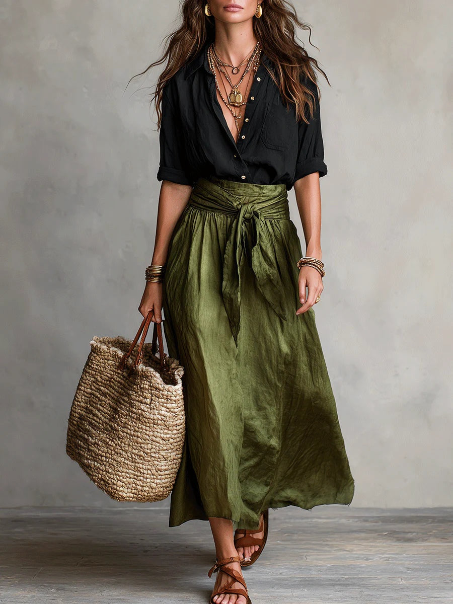 Catalina | Conjunto Elegante de Verano Camisa y Falda Midi Mujer Cinturón
