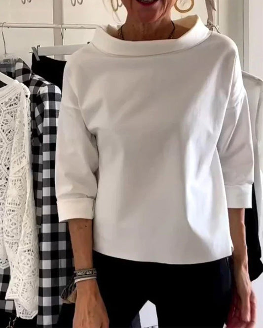 Cristina | Camisa Blanca Mujer Cuello Barco Manga 3/4 Hombros Caídos