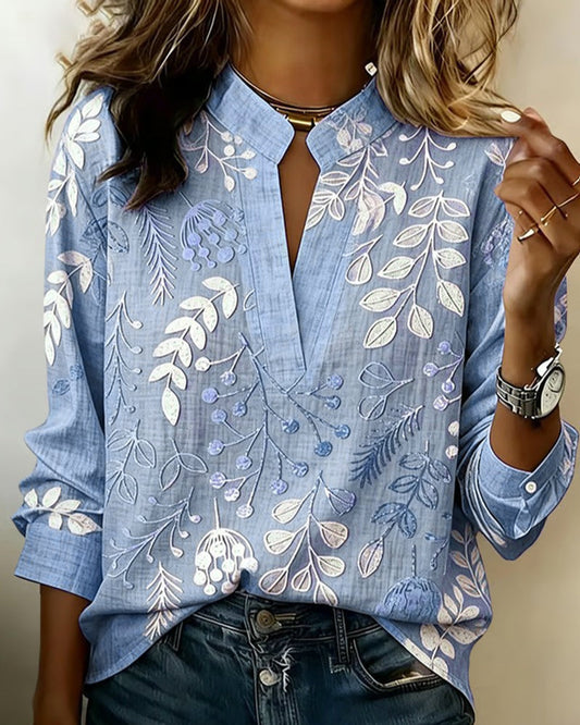 Delia | Blusa Estampada Floral de Manga Larga Mujer Escote V