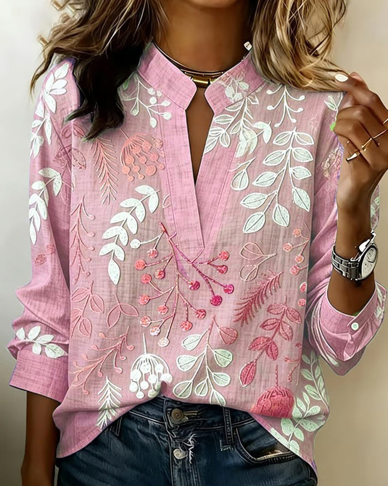 Delia | Blusa Estampada Floral de Manga Larga Mujer Escote V
