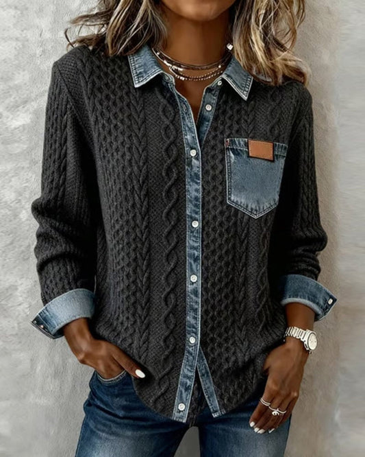 Esther | Blusa de Punto con Detalle Denim Mujer Manga Larga Trenzas