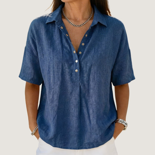 Inés | Blusa de Lino Manga Corta Mujer Cuello Polo Botones