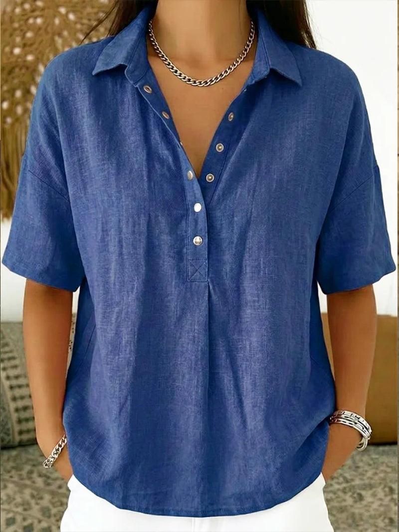 Inés | Blusa de Lino Manga Corta Mujer Cuello Polo Botones