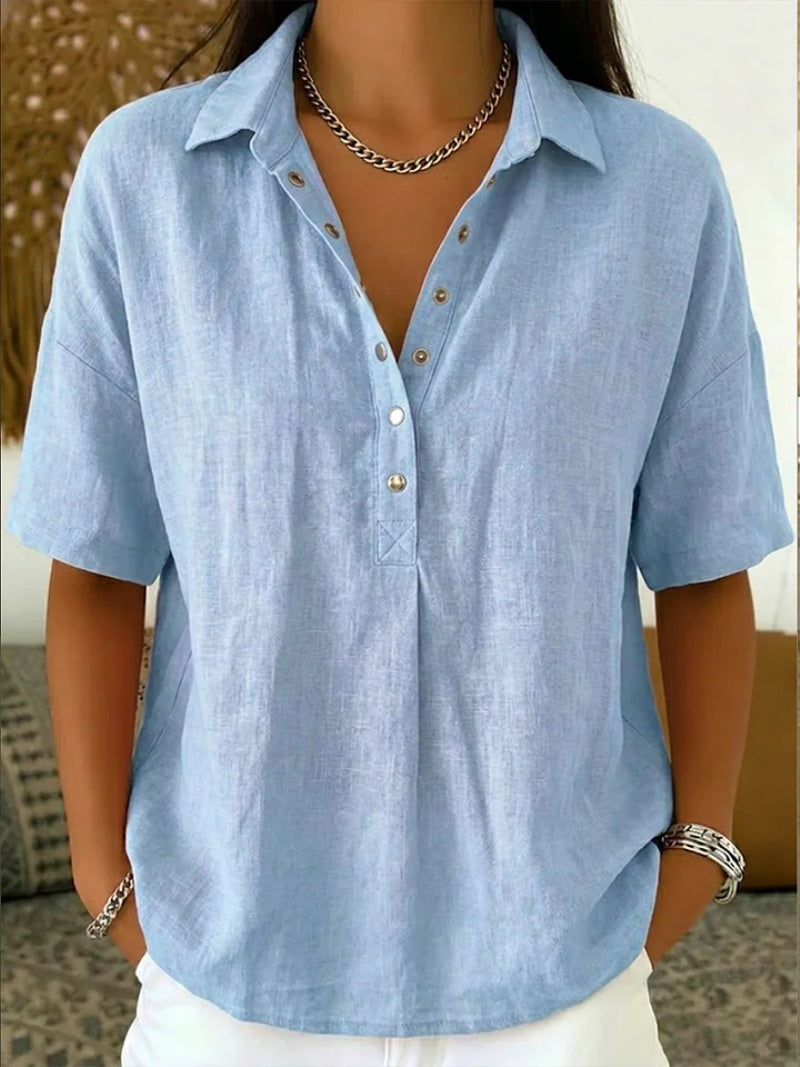 Inés | Blusa de Lino Manga Corta Mujer Cuello Polo Botones