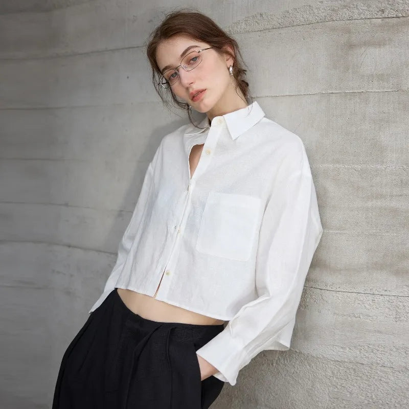 Jimena | Camisa de Lino Cropped Mujer Manga Larga Oversize