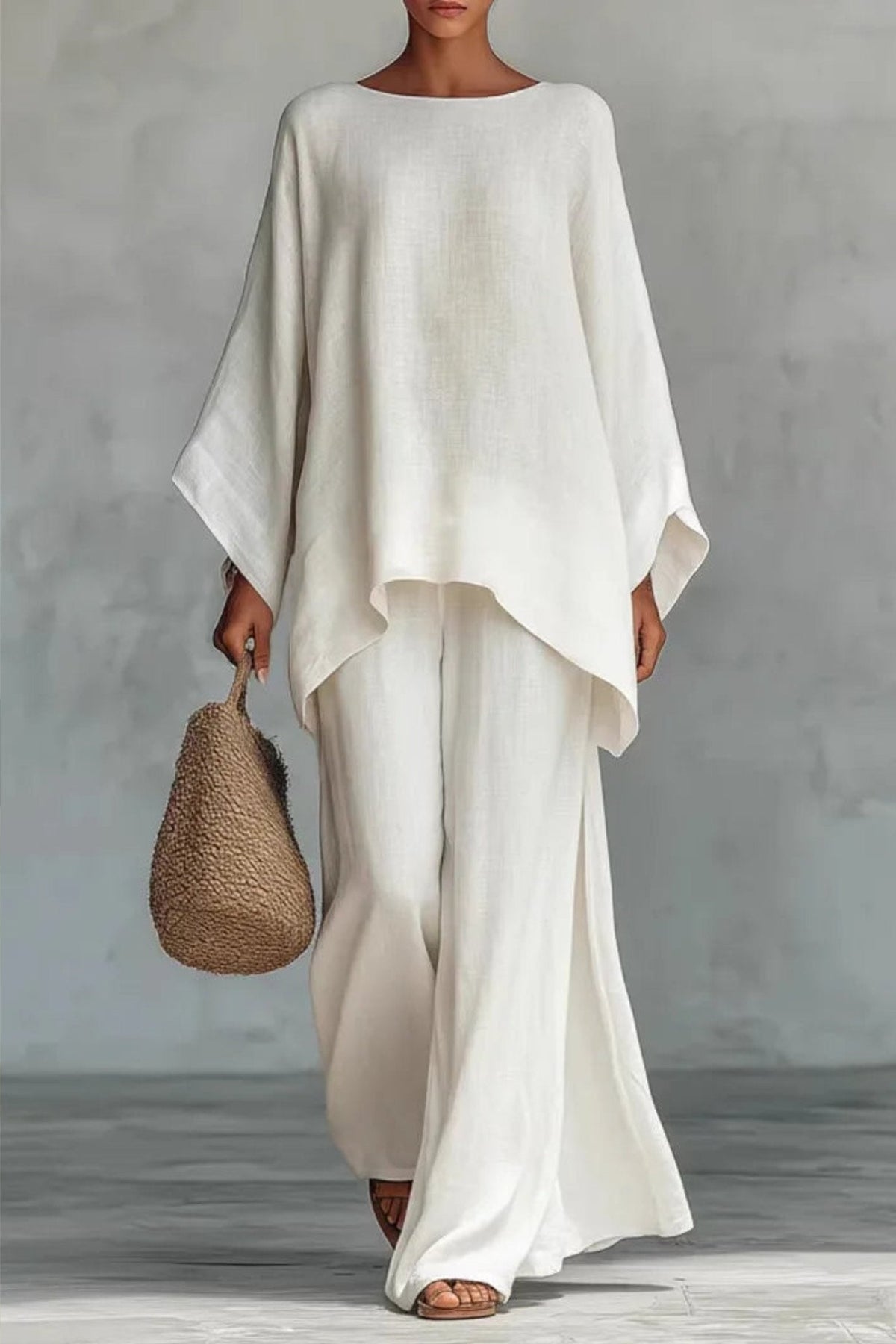 Nerea | Conjunto de Lino Manga Murciélago Mujer Pantalón Pierna Ancha