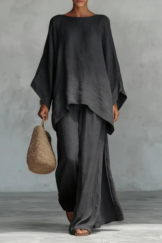 Nerea | Conjunto de Lino Manga Murciélago Mujer Pantalón Pierna Ancha